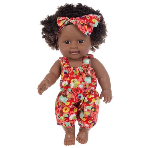 XUEYEGONGJI Schwarze Babypuppen, 12 Zoll bewegliche Joint Afroamerikaner Babypuppe, realistische Babypuppe mit lockigem Haar und tragbare Kleidung rotes realistisches Babypuppen Mädchen von XUEYEGONGJI