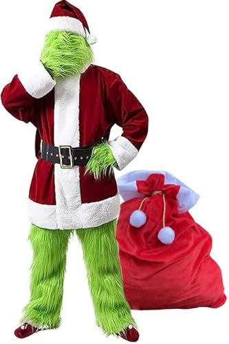 XUKPO 8PCS Weihnachtskostüm Grün großes Monster mit Maske – Pelziges Weihnachtsmannkostüm Pelziges Outfit für Erwachsene Männer und Frauen(L-XL) von XUKPO