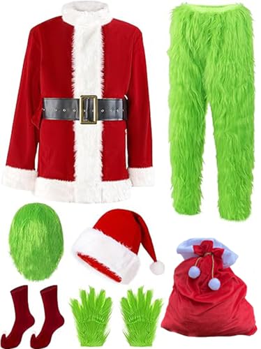 XUKPO Weihnachtskostüm Großes Monster Grün für Erwachsene – 8 PCS Pelziges Weihnachtsmannkostüm mit Maske für Männer und Frauen(L-XL) von XUKPO