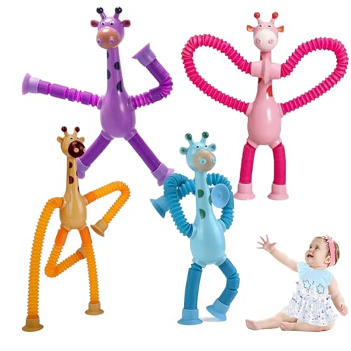 XULEGGNK Telescopic Suction Cup Giraffe Toy, Giraffen Röhren Spielzeug, Teleskop-Saugnapf-Giraffen-Spielzeug, Giraffe Pop Röhren Sensorik Spielzeug, Pädagogisches Stress Spielzeug für Kinder,4pcs von XULEGGNK