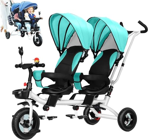 Doppelsitz-Dreirad für Kleinkinder, Multifunktions-Dreirad mit Schiebegriffen und abnehmbarem Verdeck, klappbare Fußstütze, umkehrbarer Sitz, perfekt für zwei Kinder im Alter von 1-7 Jahren(Green) von XUNCHAO