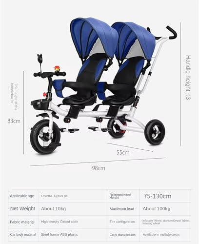 Doppelsitz-Dreirad für Kleinkinder, Multifunktions-Dreirad mit Schiebegriffen und abnehmbarem Verdeck, klappbare Fußstütze, umkehrbarer Sitz, perfekt für zwei Kinder im Alter von 1-7 Jahren(Blue) von XUNCHAO