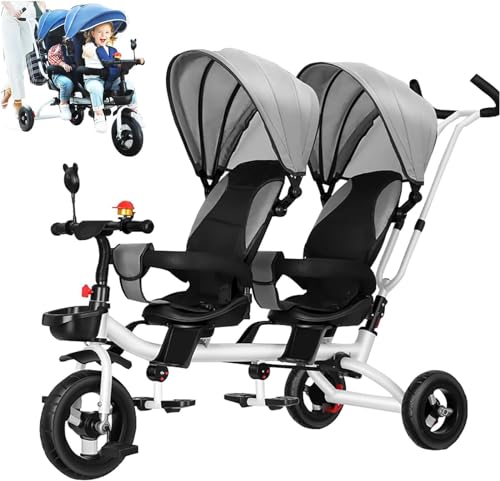 Doppelsitz-Dreirad für Kleinkinder, Multifunktions-Dreirad mit Schiebegriffen und abnehmbarem Verdeck, klappbare Fußstütze, umkehrbarer Sitz, perfekt für zwei Kinder im Alter von 1-7 Jahren(Gray) von XUNCHAO