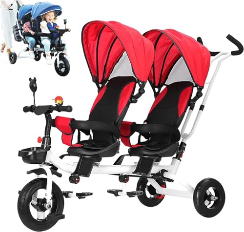 Doppelsitz-Dreirad für Kleinkinder, Multifunktions-Dreirad mit Schiebegriffen und abnehmbarem Verdeck, klappbare Fußstütze, umkehrbarer Sitz, perfekt für zwei Kinder im Alter von 1-7 Jahren(Red) von XUNCHAO
