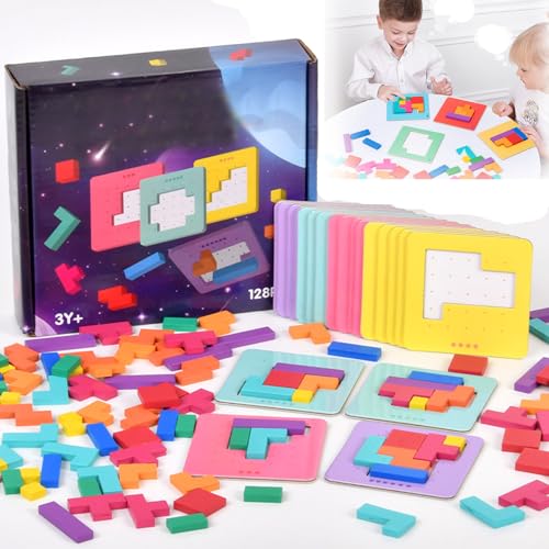 Pädagogisches Geometrie-Puzzlespiel für Eltern und Kinder, Denksportspiel mit Holzmusterblöcken und 20 Herausforderungen, Montessori-Lernspielzeug (1 SET) von XUNCHAO