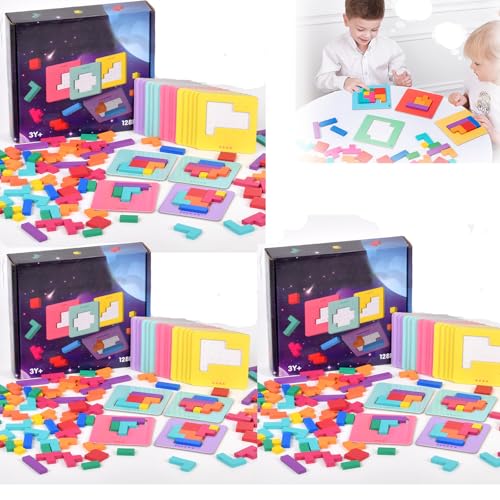 Pädagogisches Geometrie-Puzzlespiel für Eltern und Kinder, Denksportspiel mit Holzmusterblöcken und 20 Herausforderungen, Montessori-Lernspielzeug (3 SET) von XUNCHAO