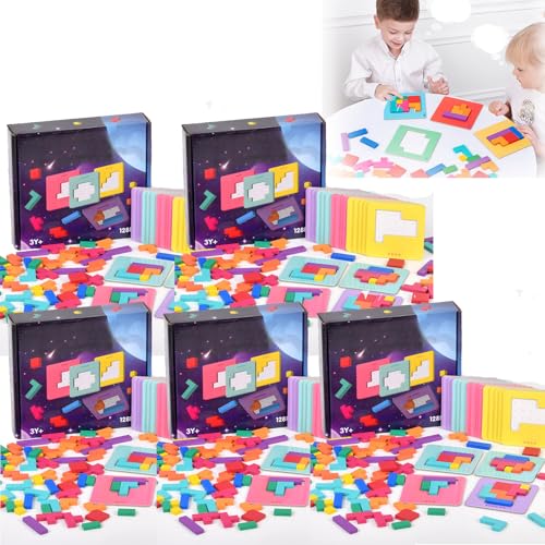 Pädagogisches Geometrie-Puzzlespiel für Eltern und Kinder, Denksportspiel mit Holzmusterblöcken und 20 Herausforderungen, Montessori-Lernspielzeug (5 SET) von XUNCHAO