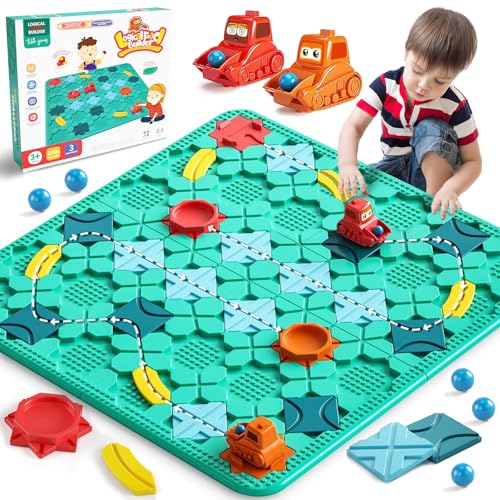 XUNIVERS Logischer Straßenbauer für Kinder,Familie Brettspiel,Logik Puzzle Labyrinth Brettspiele mit Auto Zurückziehen und Murmeln,Gehirn Spiele Kinderspielzeug Geschenk,Labyrinthkugel aus Marmor von XUNIVERS