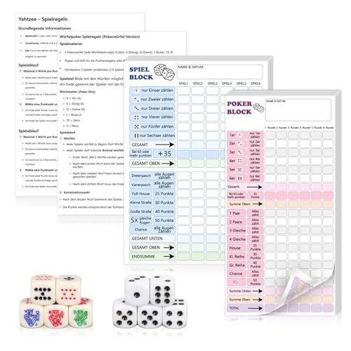 XUWAIDSGN 14 Stück Würfel Spiel Set Pokerwürfel Set Yahtzee kniffel Set 5 Würfeln 5 Pokerwürfel 2 Punktetabelle 2 Spielanleitung Gewinnkarten Spielblöcke für Familienspiel XUWAIDSGN 14 Stück Würfel Spiel Set Pokerwürfel Set Yahtzee kniffel Set 5 Würfeln 5 Pokerwürfel 2 Punktetabelle 2 Spielanleitung Gewinnkarten Spielblöcke für Familienspiel von XUWAIDSGN