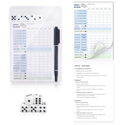 XUWAIDSGN Reisespiele Würfel Spiel Set Yahtzee Schocken Würfelspiel Kniffelblock 5 Würfeln 1 Punktetabelle 1 Spielanleitung Stift auf Wasserbasis Gewinnkarten Spielblöcke für Familienspiel XUWAIDSGN Reisespiele Würfel Spiel Set Yahtzee Schocken Würfelspiel Kniffelblock 5 Würfeln 1 Punktetabelle 1 Spielanleitung Stift auf Wasserbasis Gewinnkarten Spielblöcke für Familienspiel von XUWAIDSGN