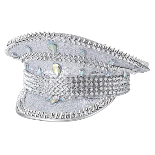 XVHOAB 1pc Braut Kapitän Hut Glitzer Y2K Braut Kapitän Hut mit Strasssteinen für Frauen Disco Rave Silber Caps für Abendparty XVHOAB 1pc Braut Kapitän Hut Glitzer Y2K Braut Kapitän Hut mit Strasssteinen für Frauen Disco Rave Silber Caps für Abendparty von XVHOAB