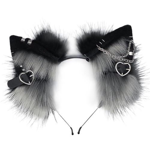 XVHOAB Katzenohren Stirnband, 1pcs pelzige Ohren Kopfbedeckung mit Metallherz und Kettendekor, Gothic Punk Therian, Tierhaarband für Cosplay -Kostüm, Schwarz und Grau XVHOAB Katzenohren Stirnband, 1pcs pelzige Ohren Kopfbedeckung mit Metallherz und Kettendekor, Gothic Punk Therian, Tierhaarband für Cosplay -Kostüm, Schwarz und Grau von XVHOAB