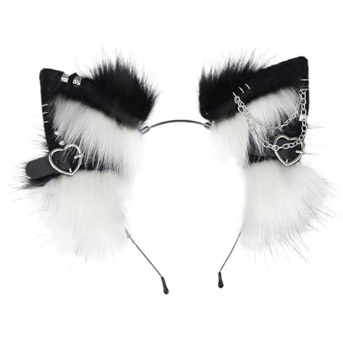 XVHOAB Katzenohren Stirnband, 1pcs pelzige Ohren Kopfbedeckung mit Metallherz und Kettendekor, Gothic Punk Therian, Tierhaarband für Cosplay -Kostüm, Schwarz und Weiß XVHOAB Katzenohren Stirnband, 1pcs pelzige Ohren Kopfbedeckung mit Metallherz und Kettendekor, Gothic Punk Therian, Tierhaarband für Cosplay -Kostüm, Schwarz und Weiß von XVHOAB