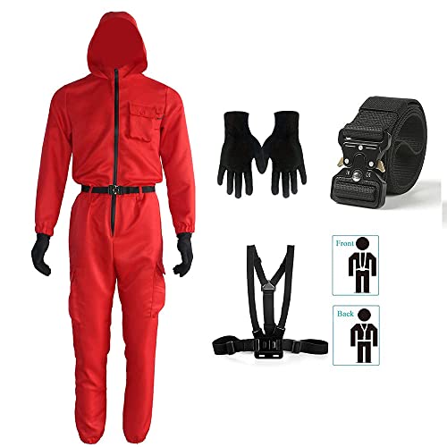 Squid Game Jumpsuit Kostüm Tintenfisch Spiel Cosplay Kostüm Jumpsuit Rund Sechs Kreis Dreieck Quadratisch Schwarz Maske Outfit Halloween (Overall Anzug, X-Large) von Toolo