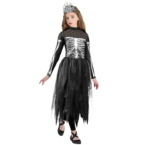 XXLOG Skelett-Kostüm für Mädchen, Skelettkleid, Halloween-Kostüme für Mädchen, Kinder, Skelettkönigin, Prinzessin-Kostüm, Größe S, 4–6 Jahre von XXLOG