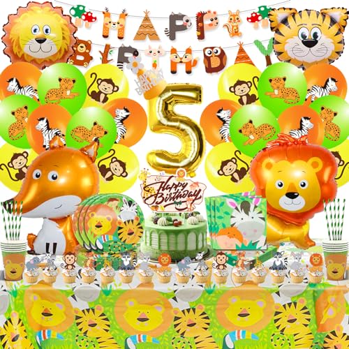 Dschungel Kindergeburtstag Deko 5 Jahre,Waldtiere Luftballons Jungen Mädchen Geburtstag,Wald Party Deko 104 Pcs,Safari Partygeschirr Set mit Pappteller Servietten Banner Girlande von XYWOQS