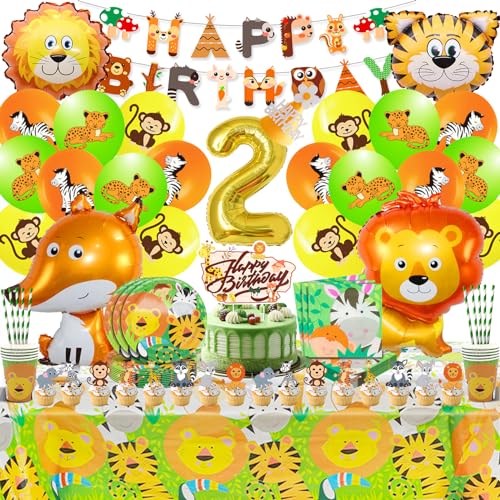 Dschungel Tier Geburtstag Deko 2 Jahre,Tiere Deko Kindegeburtstag Luftballons Jungen Mädchen,Waldtiere Party Geschirr Set,104 Pcs Safari Geburtstag Ballons,Wald Thema Party Zubehör von XYWOQS