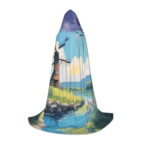 XZDAL Beautiful River Windmill Printed Hooded Cape L for Teens - Cosplay, Role-Play, Festival, Maskerade, and Theme Party Costume von XZDAL