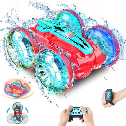 Amphibienfahrzeug Ferngesteuertes Auto, Wasserdichtes 4WD-RC-Stunt-Auto mit LED-Leuchten für Freibäder, 360° Drehbar, 180° Flip, 2,4 GHz Offroad-Spielzeugauto für Kinder im Alter von 4–7, 8–12Jahren von Xander