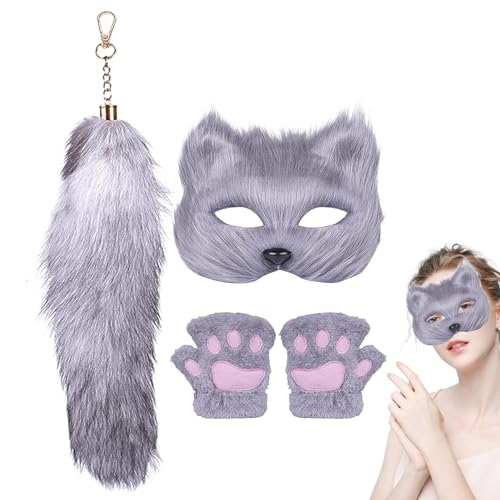 Xasbseulk Wolf Cosplay,Wolf Kostüm,Halloween Pelzkostüm Faux Wolf Maske | Katzen-Cosplay-Kostümzubehör, niedliche dekorative Handschuhe, Maskenschwanz für Halloween-Maskerade von Xasbseulk