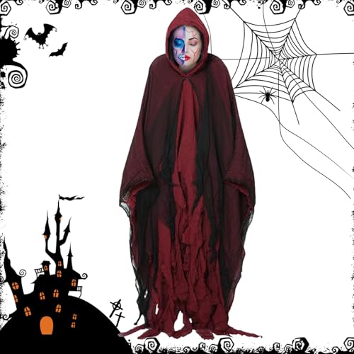 Xatteua Gruseliger Umhang für Erwachsene, Cosplay-Horrorumhang, Erwachsene Männer Halloween-Kostüm mit Kapuze mittelalterlicher Umhang, Horror-Atmosphäre, saisonale Mode, klassisches Geister-Outfit von Xatteua