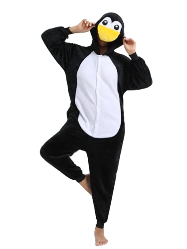 Einteiler-Pyjama für Erwachsene, Tier, einteilig, Kostüm, Halloween, Cosplay, für Damen und Herren, Schwarz / Pinguindesign, L von Xaunohu