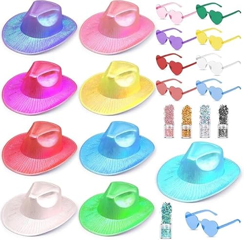 Holografischer Weltraum-Cowgirl-Hut, 9 Stück, metallischer Cowboyhut mit Herz-Brille und Glitzer, glitzernde Cowboyhüte für Damen und Herren von Xaztr