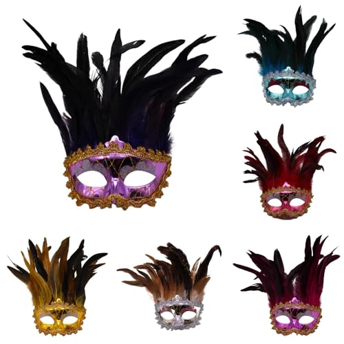 6 Stück Venezianische Maskerade Maske mit Feder für Damen Herren Vintage Antike Masken Augenmaske Retro Mardi Gras Maske Maskerade Masken Federmaske für Karnevals Halloween Party (A - 6 Stück) von Xbemkste