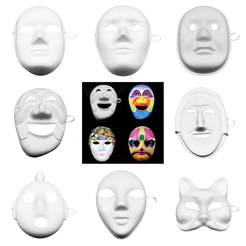 8 Stück DIY Blank Maske, Theathermaske zu malen, Anonymous Phantom Gesicht Maske Kostüm, Therian Mask, Weiße Halbmasken, Unbemalt Masken für Halloween Karneval Maskerade Party Cosplay (All, One Size) von Xbemkste