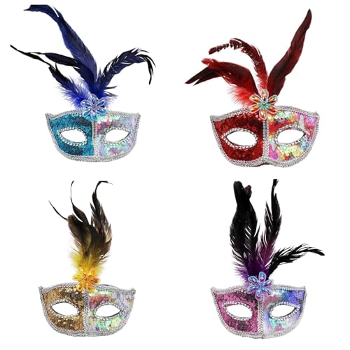 Xbemkste Maskerade Maske mit Feder, Frauen Venezianische Maske Halloween Party Mardi Gras Maske Karneval Augenmaske Maskenball Maske Federmaske Kostüm Party Karnevalsmasken (A-4pc) von Xbemkste