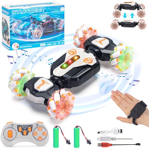 Xbesttoy Ferngesteuertes Auto mit Handsteuerung, 4WD RC Twist Car mit Musik Licht & Spray, 2.4GHz Ferngesteuertes Auto Doppelseitige Rotierende Off-Road 360° Flips für Kinder Jungen 6 7 8 Jahre(Weiß) von Xbesttoy