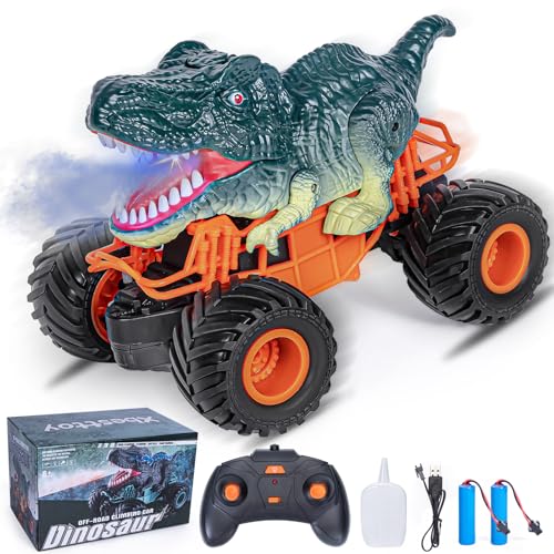 Xbesttoy Monstertruck Ferngesteuertes Dinosaurier Auto für Kinder 6 7 8 9 10 Jahre, RC Auto mit Sprühnebel, Musik, LED-Leuchten, Weihnachten Geschenk Kinder Junge + Grün von Xbesttoy