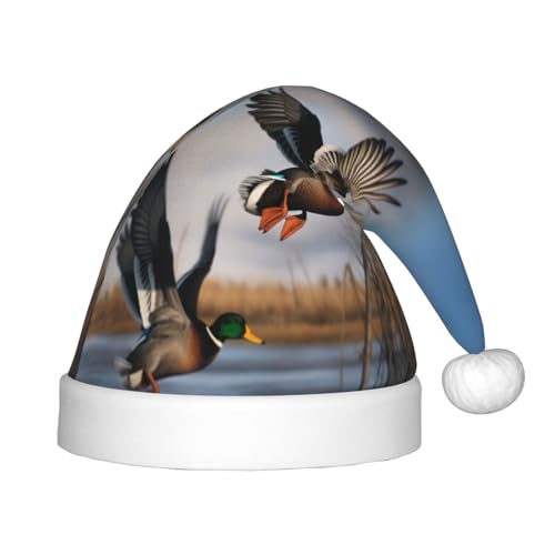 Xdcywbzdbc Jagd fliegende wilde Enten Weihnachtsmannmütze Kinder Weihnachtsmannmütze gehobene Weihnachtsmannmütze Plüsch Weihnachtsmannmütze Samt Top mit künstlichem Wollball Feier Party Supplies von Xdcywbzdbc