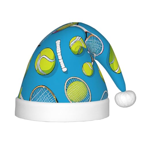 Xdcywbzdbc Lustige Tennisschläger und Tennisbälle, Weihnachtsmannmütze, Kinder-Weihnachtsmannmütze, gehobener Weihnachtsmannmütze, Plüsch-Weihnachtsmannmütze, Samt-Oberteil mit künstlichem Wollball, von Xdcywbzdbc