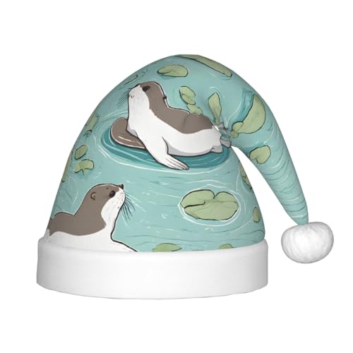 Xdcywbzdbc Weihnachtsmannmütze mit Otter-Druck, für Kinder, gehobener Weihnachtsmannmütze, Plüsch, Weihnachtsmannmütze, Samt-Oberteil mit künstlichem Wollball, Feier, Partyzubehör von Xdcywbzdbc