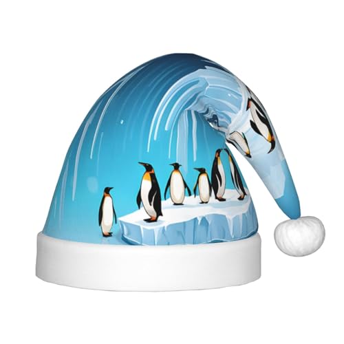 Xdcywbzdbc Weihnachtsmütze mit Pinguine auf dem Eisberg, bedruckt, Weihnachtsmannmütze, für Kinder, gehobener Weihnachtsmannmütze, Plüsch, Weihnachtsmannmütze, Samtoberteil mit künstlichem Wollball, von Xdcywbzdbc