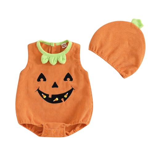 Baby Unisex Halloween Kürbis Bodysuit Halloween Kürbis Strampler+Hut Kürbis Geist Overalls Kostüm Ärmellos Kürbis Bodysuit Spielanzug Cosplay Party Kostüm Faschingskostüm (Orange, 0-3 Months) von Xeadoffubio