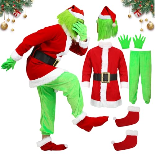 XehCaol 7 Pcs Grinch Kostüm Erwachsene Mit Maske,Grün Großes Monster Kostüm,Weihnachtsmann Kostüm Nzüge Outfits Halloween Costume Props (2XL, green costume adult) von XehCaol