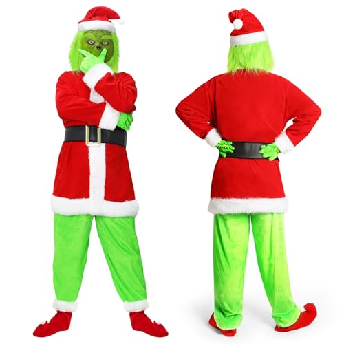 XehCaol 7 Pcs Grinch Kostüm Erwachsene Mit Maske,Grün Großes Monster Kostüm,Weihnachtsmann Kostüm Nzüge Outfits Halloween Costume Props (L, Kids) von XehCaol