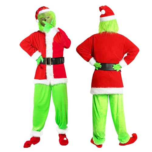 XehCaol 7 Pcs Grinch Kostüm Erwachsene Mit Maske,Grün Großes Monster Kostüm,Weihnachtsmann Kostüm Nzüge Outfits Halloween Costume Props (XL, green costume adult) von XehCaol