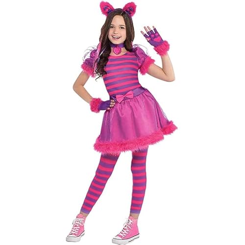 XehCaol Alice Grinsekatze Kostüm mit Katzenschwanz Ohren Handschuhe Set ，Karneval Halloween Cosplay Kostüm für Kinder Mädchen (cat set, M) von XehCaol