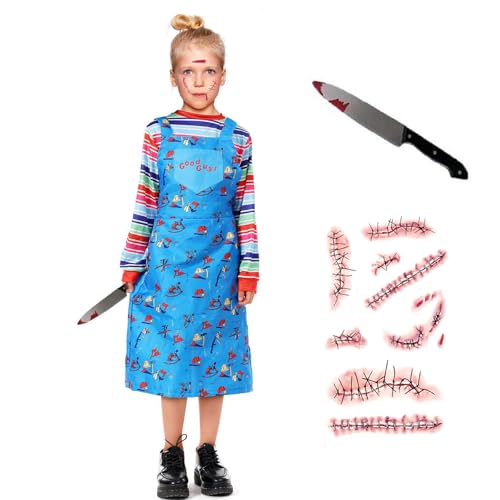 XehCaol Chucky Kostüm Kinder Killerpuppe Kostüm Jungen Mädchen Chucky Jumpsuit Plastik Messer Tattoo Aufkleber Karneval Halloween Kostüm Cosplay (Dress, 2XS/100) von XehCaol