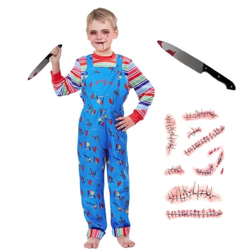 XehCaol Chucky Kostüm Kinder Killerpuppe Kostüm Jungen Mädchen Chucky Jumpsuit Plastik Messer Tattoo Aufkleber Karneval Halloween Kostüm Cosplay (Jumpsuit, 2XS/100) von XehCaol