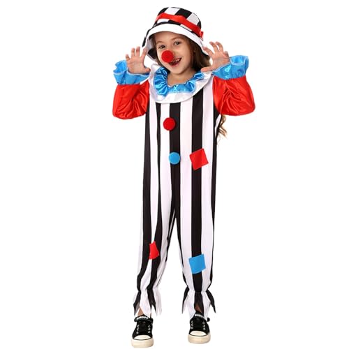 XehCaol Clown Kostüm Kinder Faschingskostüme Gestreiftes Clown Kostüm mit Hut Zirkuskostüm für Halloween Faschingskostüm Cosplay Geburtstag Party (L/130) von XehCaol