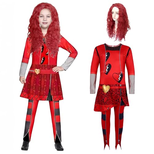 XehCaol Descendant 4 The Rise of Red Kostüm Mädchen Rise Red Kostüm mit Perücke Halloween Cosplay Dress Up Outfits für Kinder (Onesie mit Perücke, 2XL/9-10Y) von XehCaol