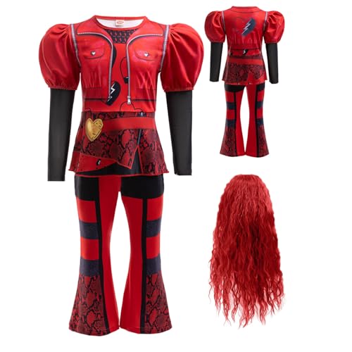 XehCaol Descendant 4 The Rise of Red Kostüm Mädchen Rise Red Kostüm mit Perücke Halloween Cosplay Dress Up Outfits für Kinder (Top Pants mit Perücke, 2XL/9-10Y) von XehCaol