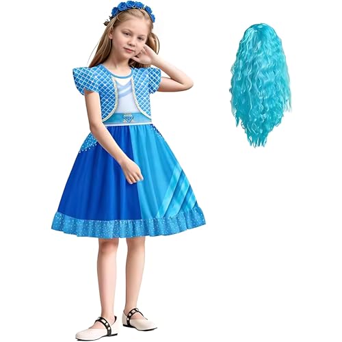 XehCaol Descendant 4 The Rise of Red Kostüm für Mädchen Rise Red Kostüm enthält Herz Kleid Perücke Halloween Cosplay Outfits für Kinder (Blau, 3XL/11-12Y) von XehCaol