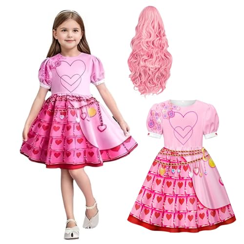 XehCaol Descendant 4 The Rise of Red Kostüm für Mädchen Rise Red Kostüm enthält Herz Kleid Perücke Halloween Cosplay Outfits für Kinder (Rosa, 2XL/9-10Y) von XehCaol