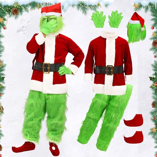 XehCaol Grinch Kostüm Grünes Monster Kostüm für Erwachsene Weihnachtsmann Kostüm Weihnachten 6 Stück Anzug mit Maske für Weihnachten (Rot, 2X-Large) von XehCaol