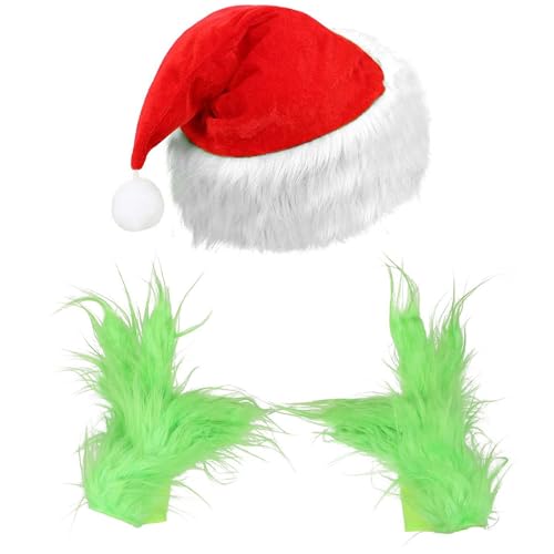 XehCaol Grinch Kostüm Weihnachten Grinch Kostüm Erwachsene Accessoires Weihnachtsmütze Grinch Handschuhe Cosplay Kostüm Requisiten (Rot und weiß-2p) von XehCaol